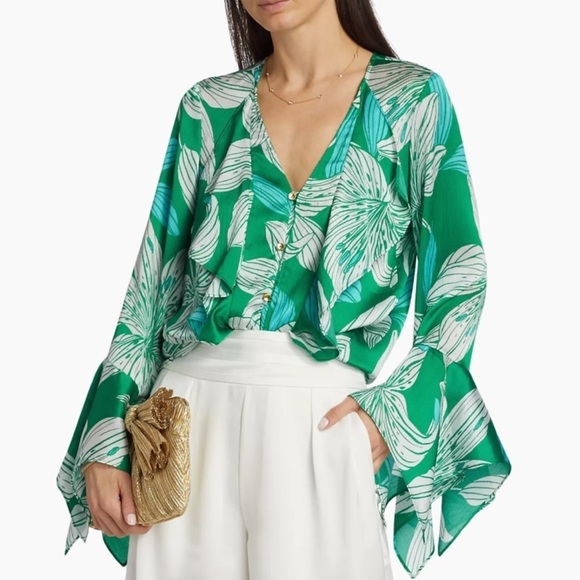 NWT‎ Ramy Brook Savanna Floral Long-Sleeve Blouse Sea Green Lily Print Sz Small - Picture 1 of 9